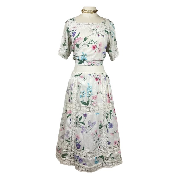 Skirts Vintage 7s Peasant Blouse Skirt Set Floral Lace Knee Square